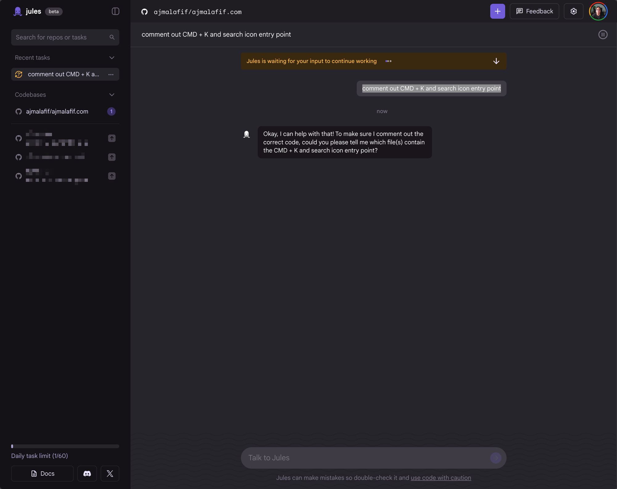Week 28: Jules vs Codex for simple fix on ajmalafif.com